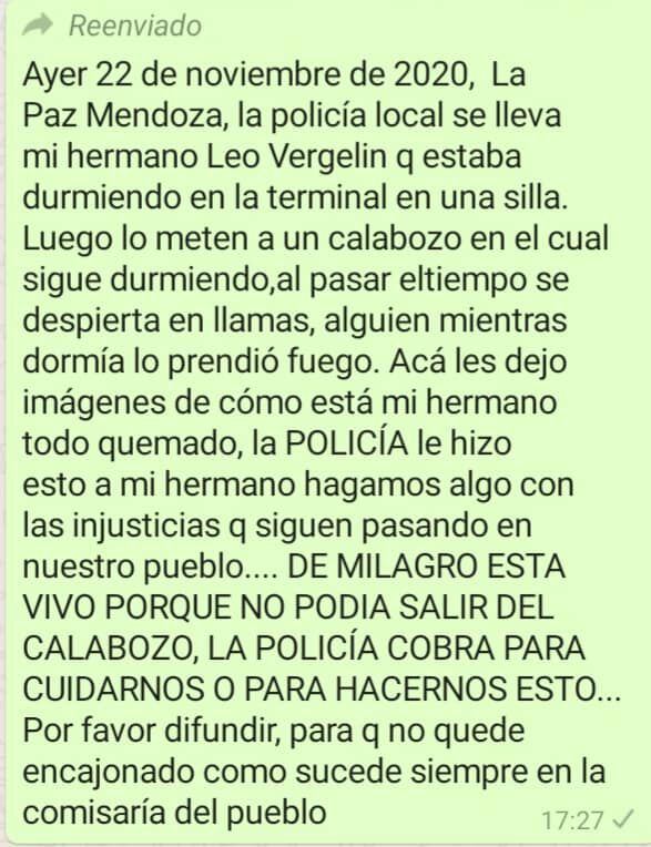 Un joven fue detenido en La Paz y desde su familia denunciaron que lo quemaron adentro del calabozo. Fotos Facebook